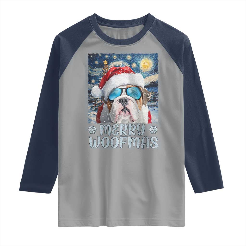 Funny Xmas Bulldog Raglan Shirt Merry Woofmas Christmas Starry Night Dog Lover