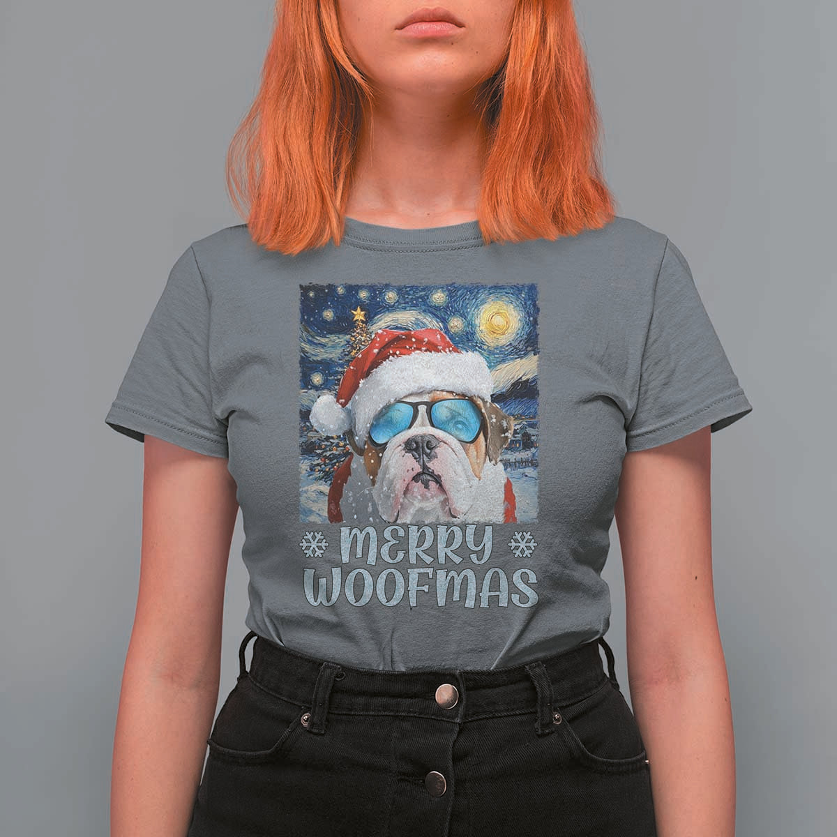 Funny Xmas Bulldog T Shirt For Women Merry Woofmas Christmas Starry Night Dog Lover - Wonder Print Shop