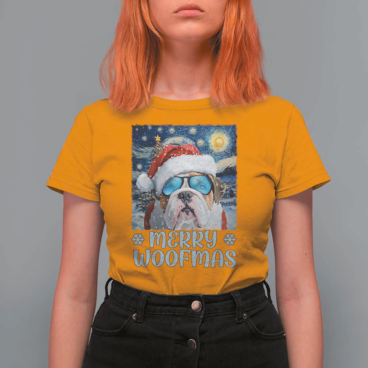 Funny Xmas Bulldog T Shirt For Women Merry Woofmas Christmas Starry Night Dog Lover - Wonder Print Shop
