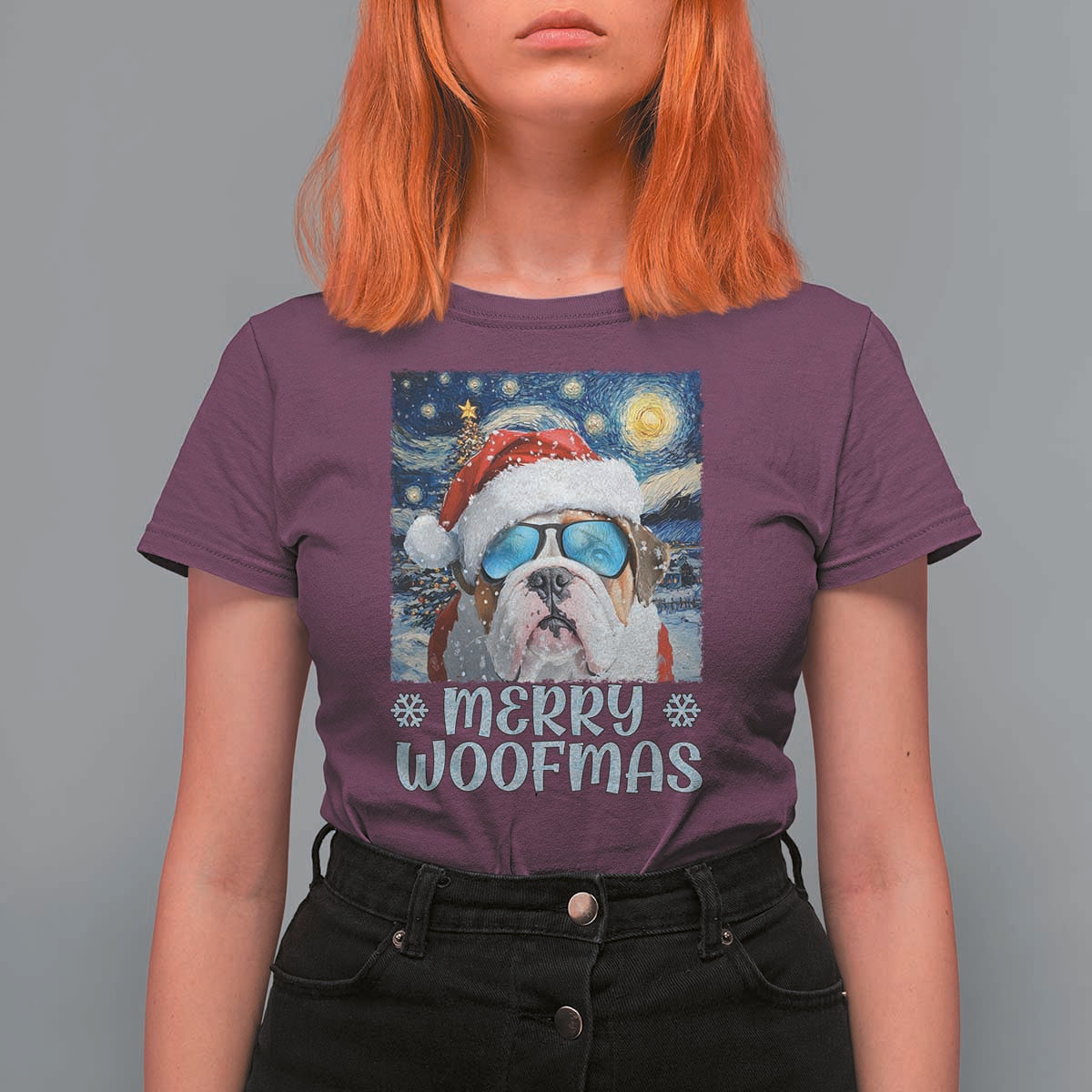 Funny Xmas Bulldog T Shirt For Women Merry Woofmas Christmas Starry Night Dog Lover - Wonder Print Shop