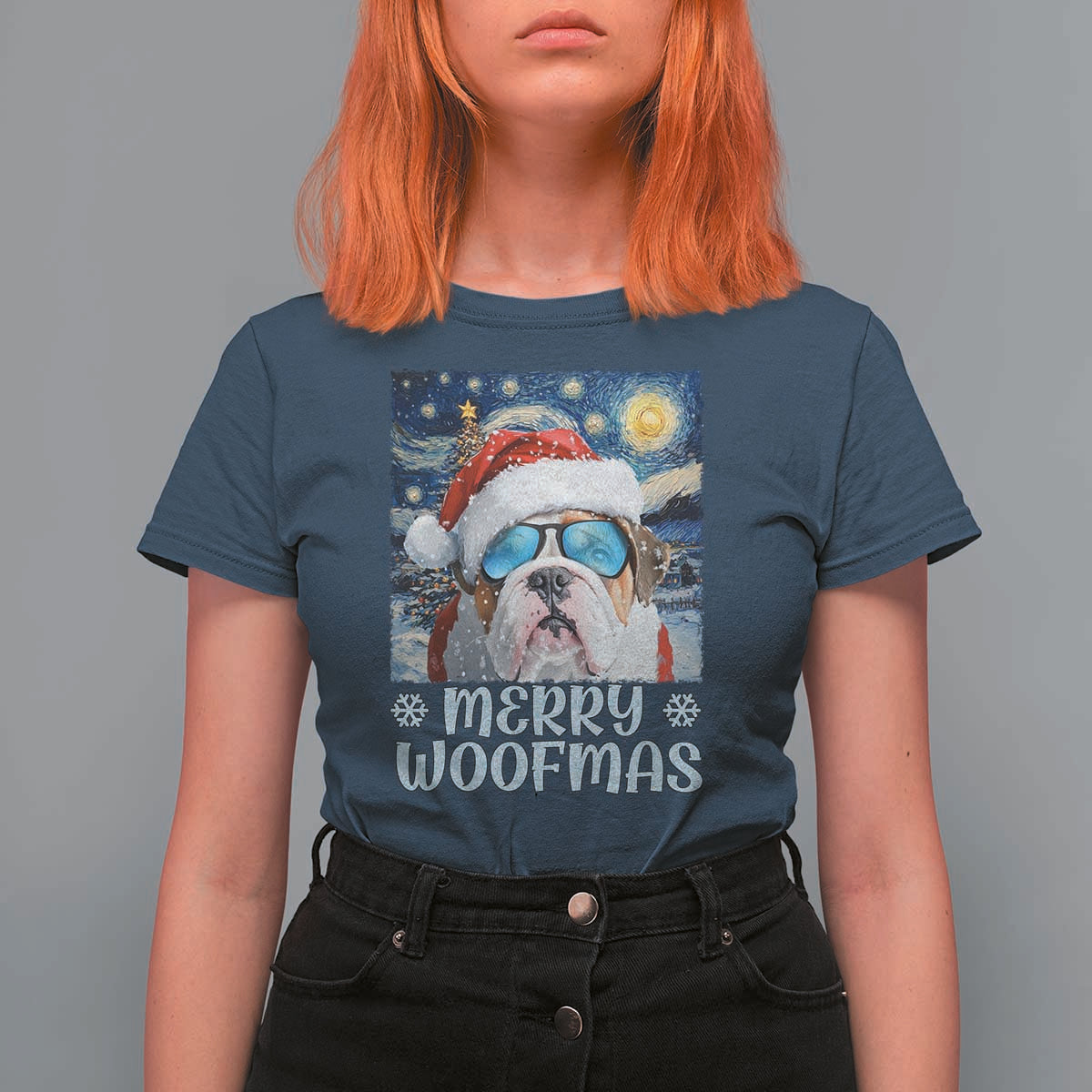Funny Xmas Bulldog T Shirt For Women Merry Woofmas Christmas Starry Night Dog Lover - Wonder Print Shop
