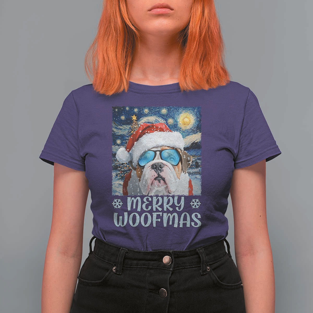 Funny Xmas Bulldog T Shirt For Women Merry Woofmas Christmas Starry Night Dog Lover - Wonder Print Shop