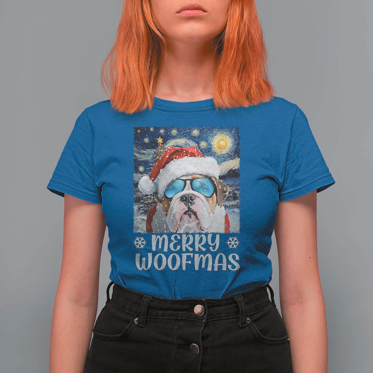 Funny Xmas Bulldog T Shirt For Women Merry Woofmas Christmas Starry Night Dog Lover - Wonder Print Shop