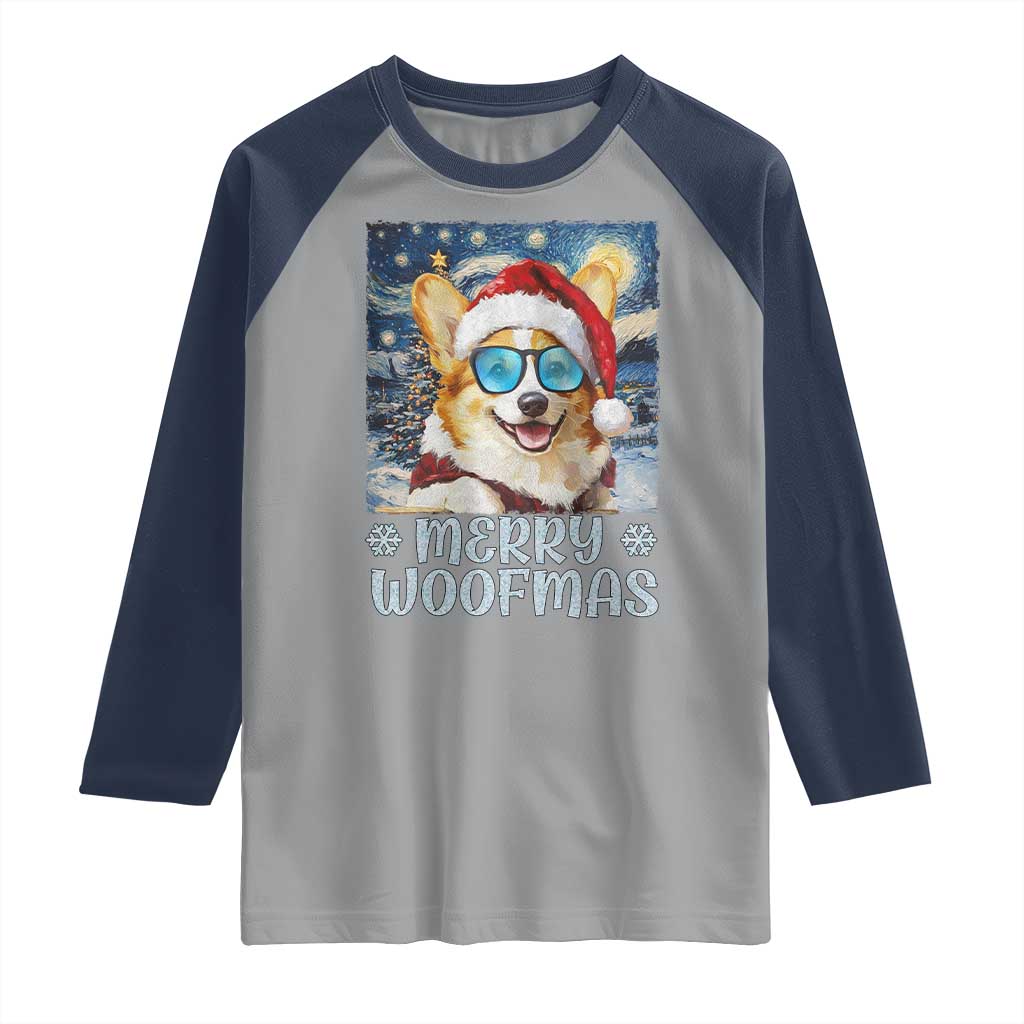 Funny Xmas Corgi Raglan Shirt Merry Woofmas Christmas Starry Night Dog Lover