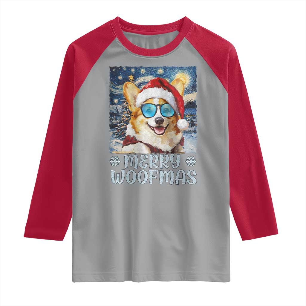 Funny Xmas Corgi Raglan Shirt Merry Woofmas Christmas Starry Night Dog Lover