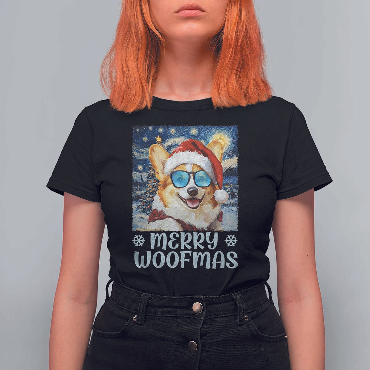 Funny Xmas Corgi T Shirt For Women Merry Woofmas Christmas Starry Night Dog Lover - Wonder Print Shop