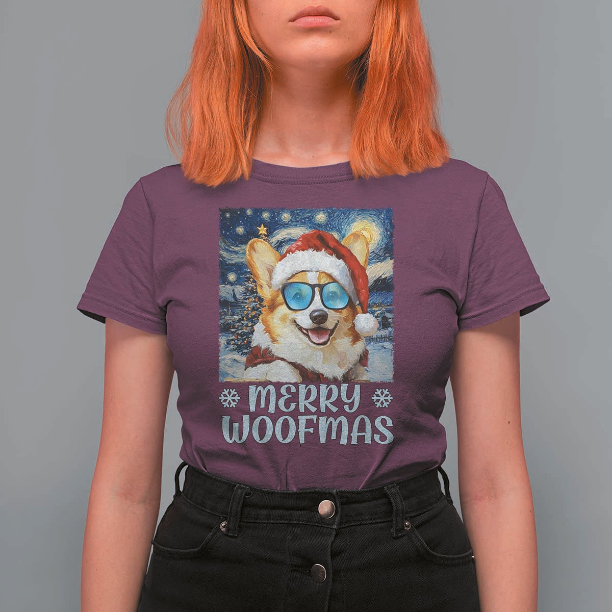 Funny Xmas Corgi T Shirt For Women Merry Woofmas Christmas Starry Night Dog Lover - Wonder Print Shop