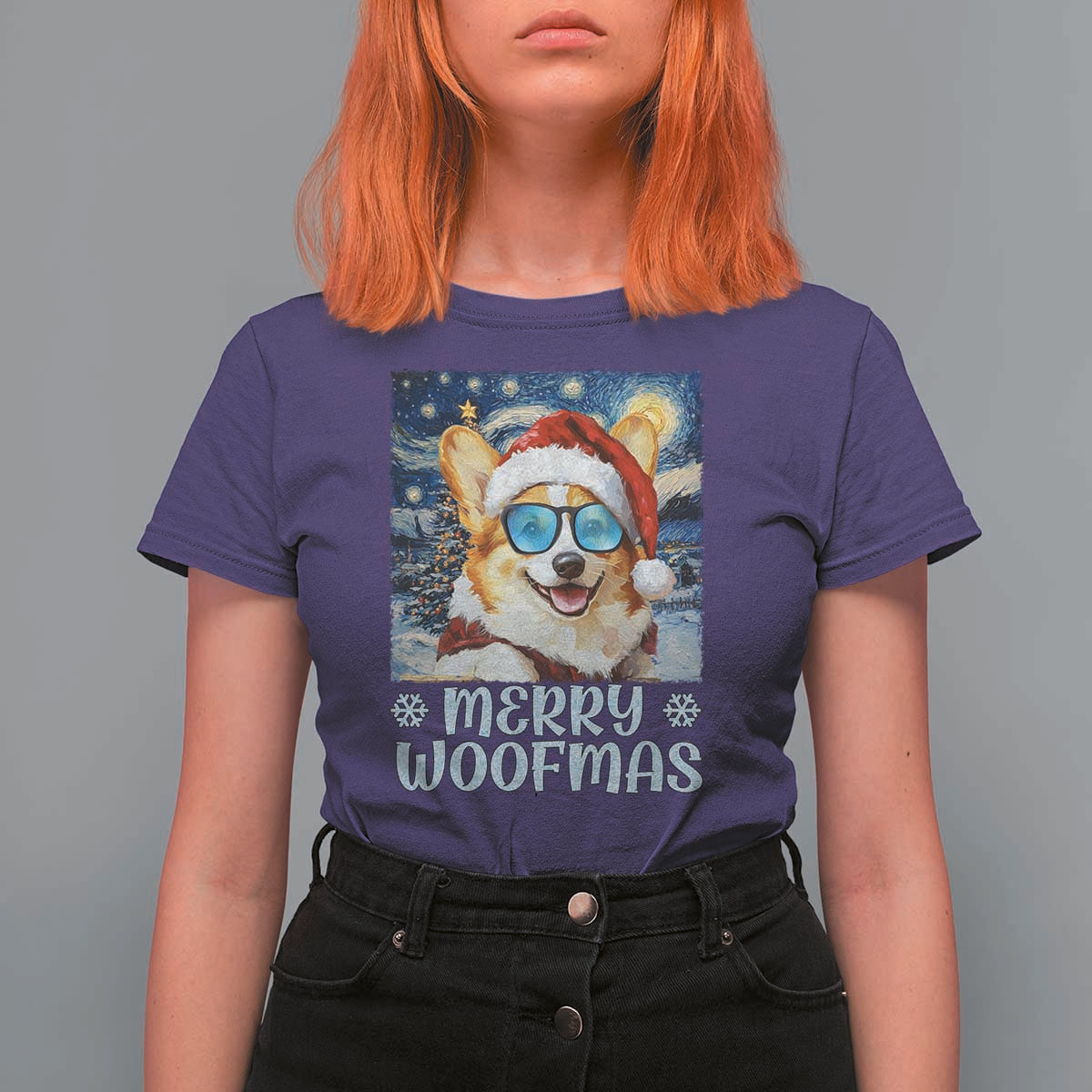 Funny Xmas Corgi T Shirt For Women Merry Woofmas Christmas Starry Night Dog Lover - Wonder Print Shop