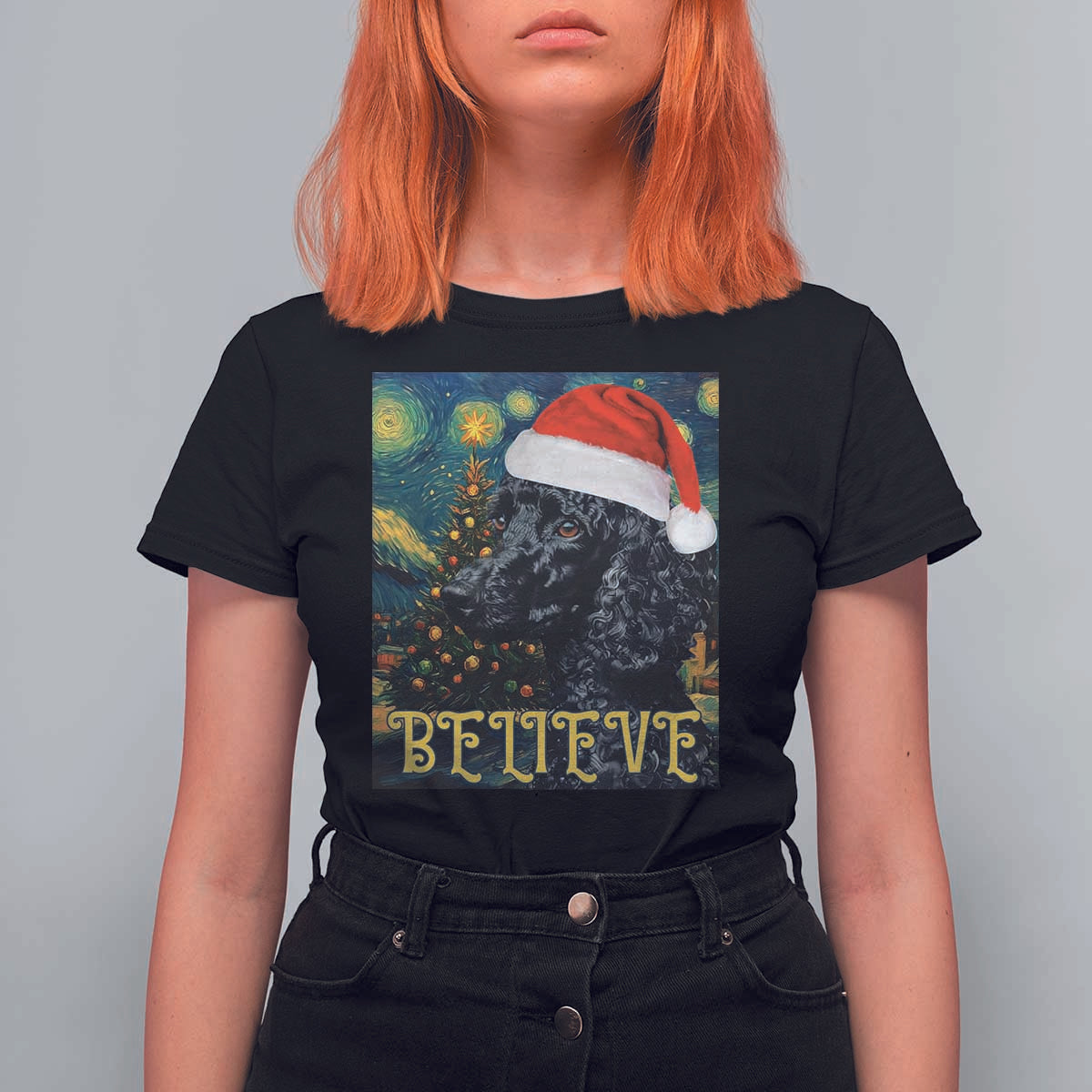 Funny Xmas Poodle T Shirt For Women Believe Christmas Starry Night Dog Lover - Wonder Print Shop