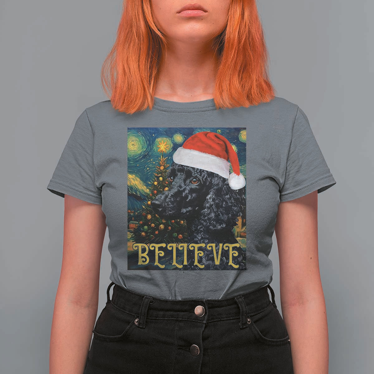 Funny Xmas Poodle T Shirt For Women Believe Christmas Starry Night Dog Lover - Wonder Print Shop