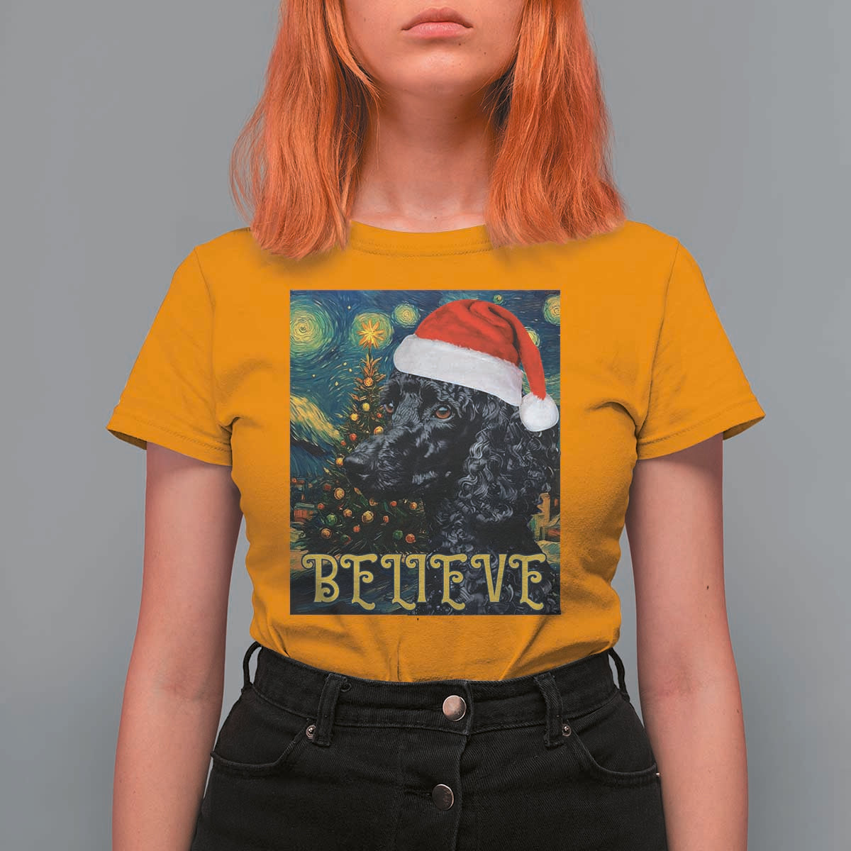 Funny Xmas Poodle T Shirt For Women Believe Christmas Starry Night Dog Lover - Wonder Print Shop