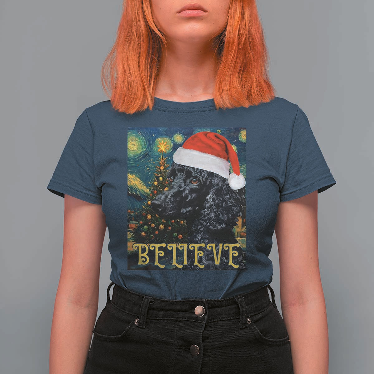 Funny Xmas Poodle T Shirt For Women Believe Christmas Starry Night Dog Lover - Wonder Print Shop