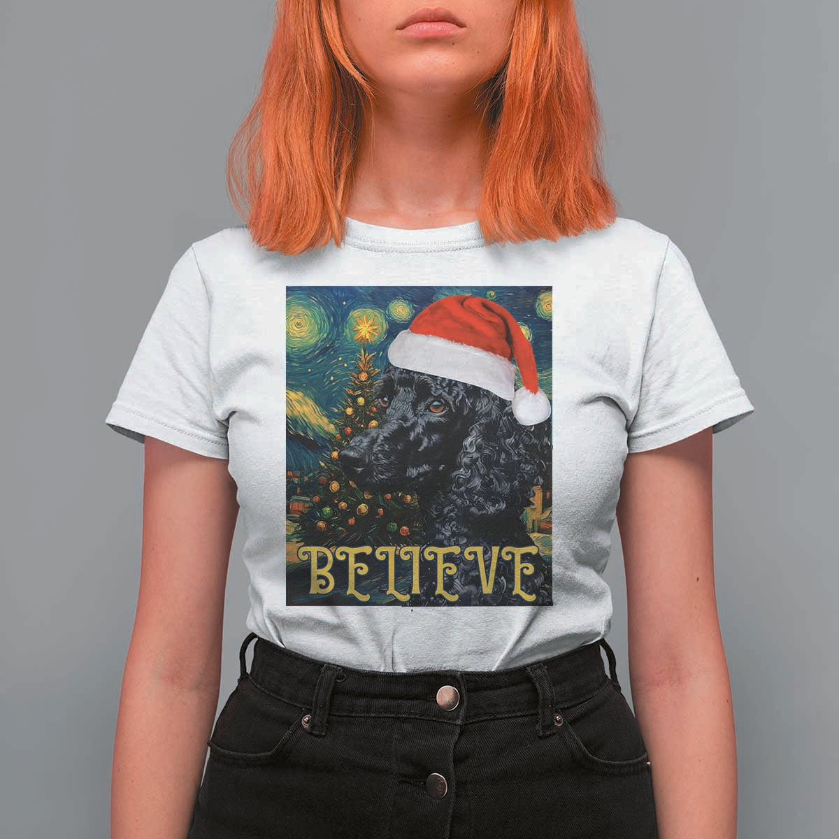 Funny Xmas Poodle T Shirt For Women Believe Christmas Starry Night Dog Lover - Wonder Print Shop