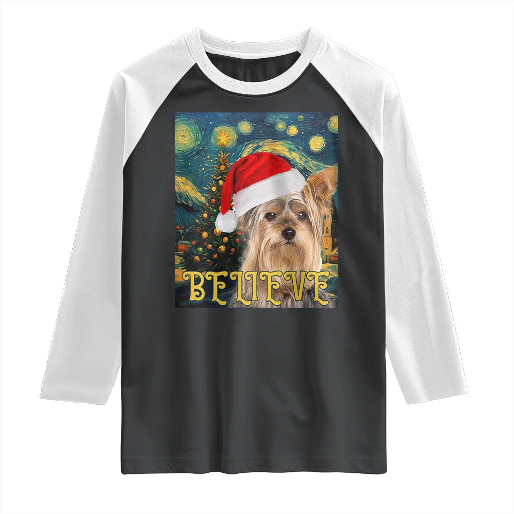 Funny Xmas Yorkshire Raglan Shirt Believe Christmas Starry Night Dog Lover
