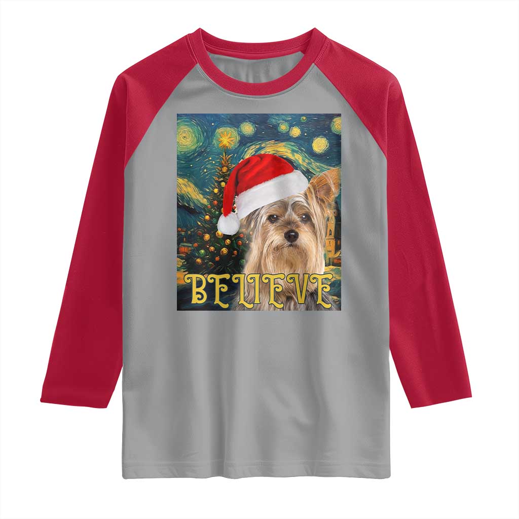 Funny Xmas Yorkshire Raglan Shirt Believe Christmas Starry Night Dog Lover