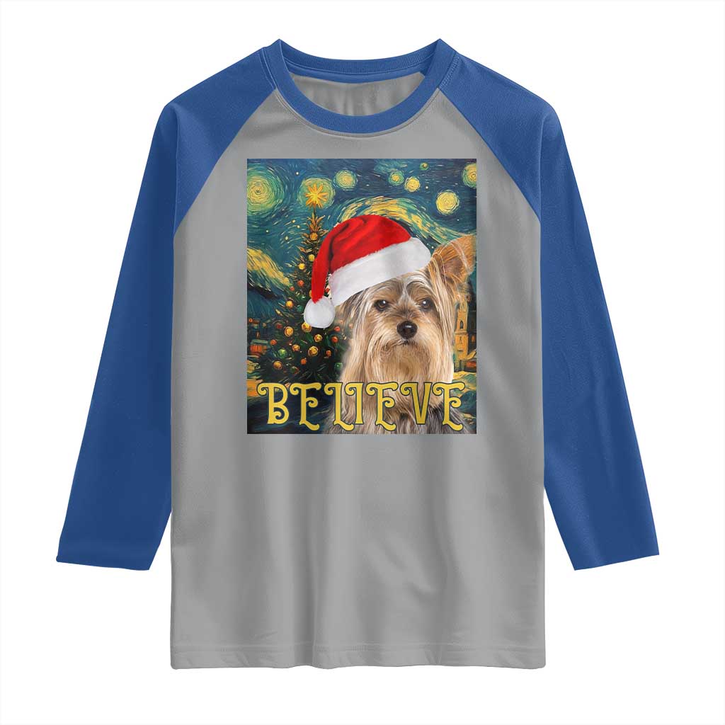 Funny Xmas Yorkshire Raglan Shirt Believe Christmas Starry Night Dog Lover