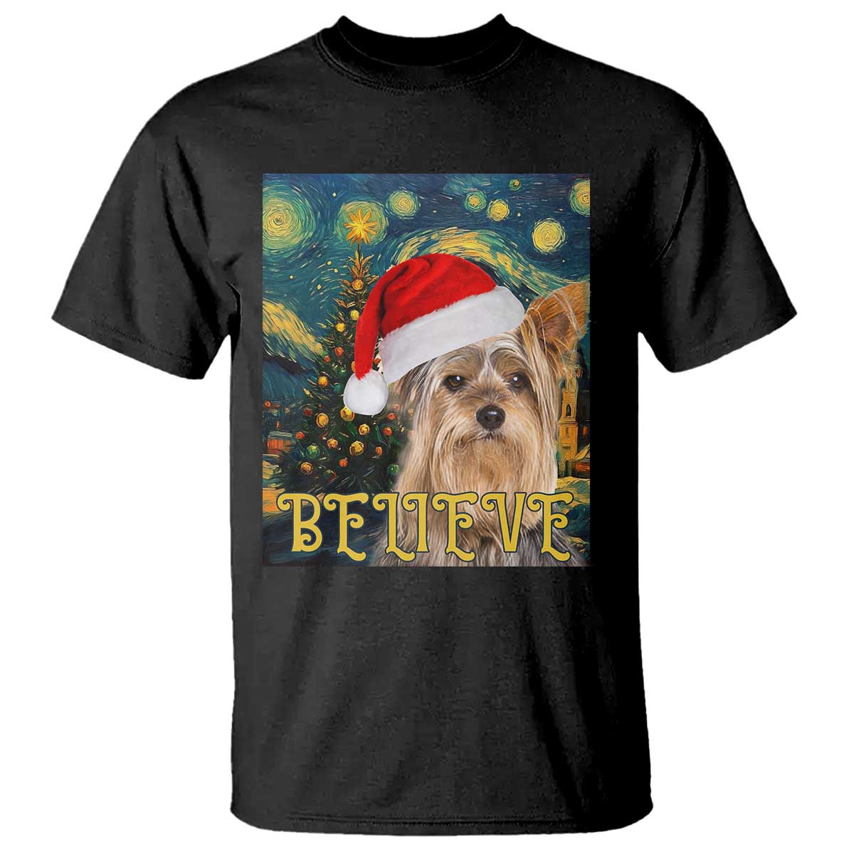 Funny Xmas Yorkshire T Shirt Believe Christmas Starry Night Dog Lover - Wonder Print Shop