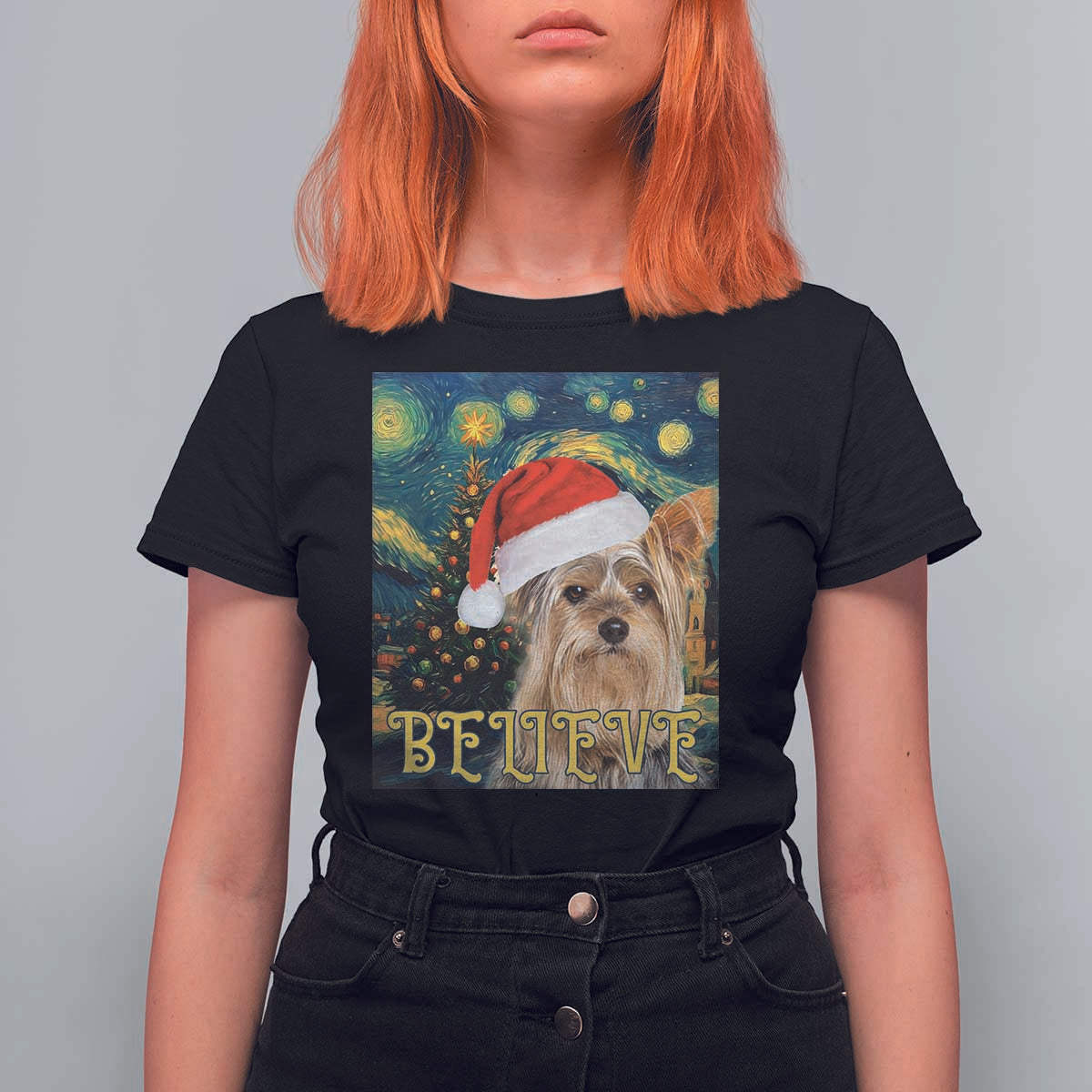 Funny Xmas Yorkshire T Shirt For Women Believe Christmas Starry Night Dog Lover - Wonder Print Shop