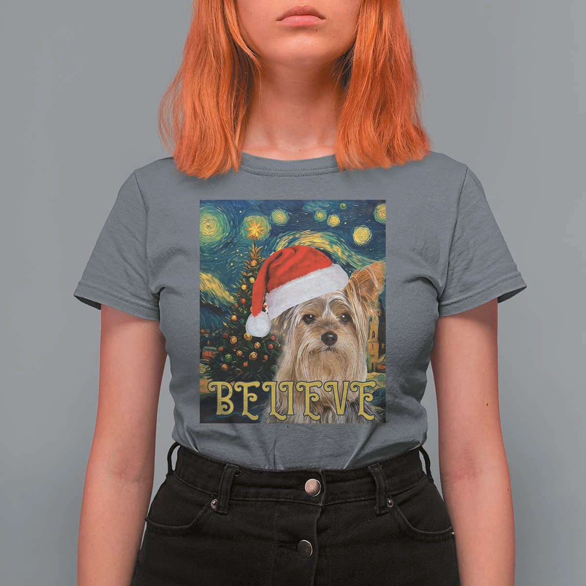 Funny Xmas Yorkshire T Shirt For Women Believe Christmas Starry Night Dog Lover - Wonder Print Shop