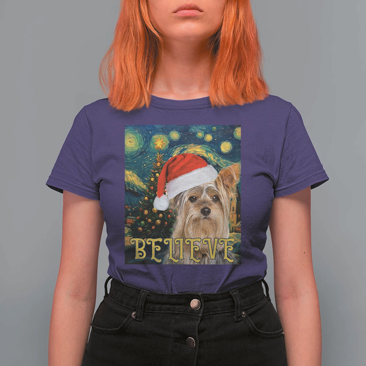 Funny Xmas Yorkshire T Shirt For Women Believe Christmas Starry Night Dog Lover - Wonder Print Shop