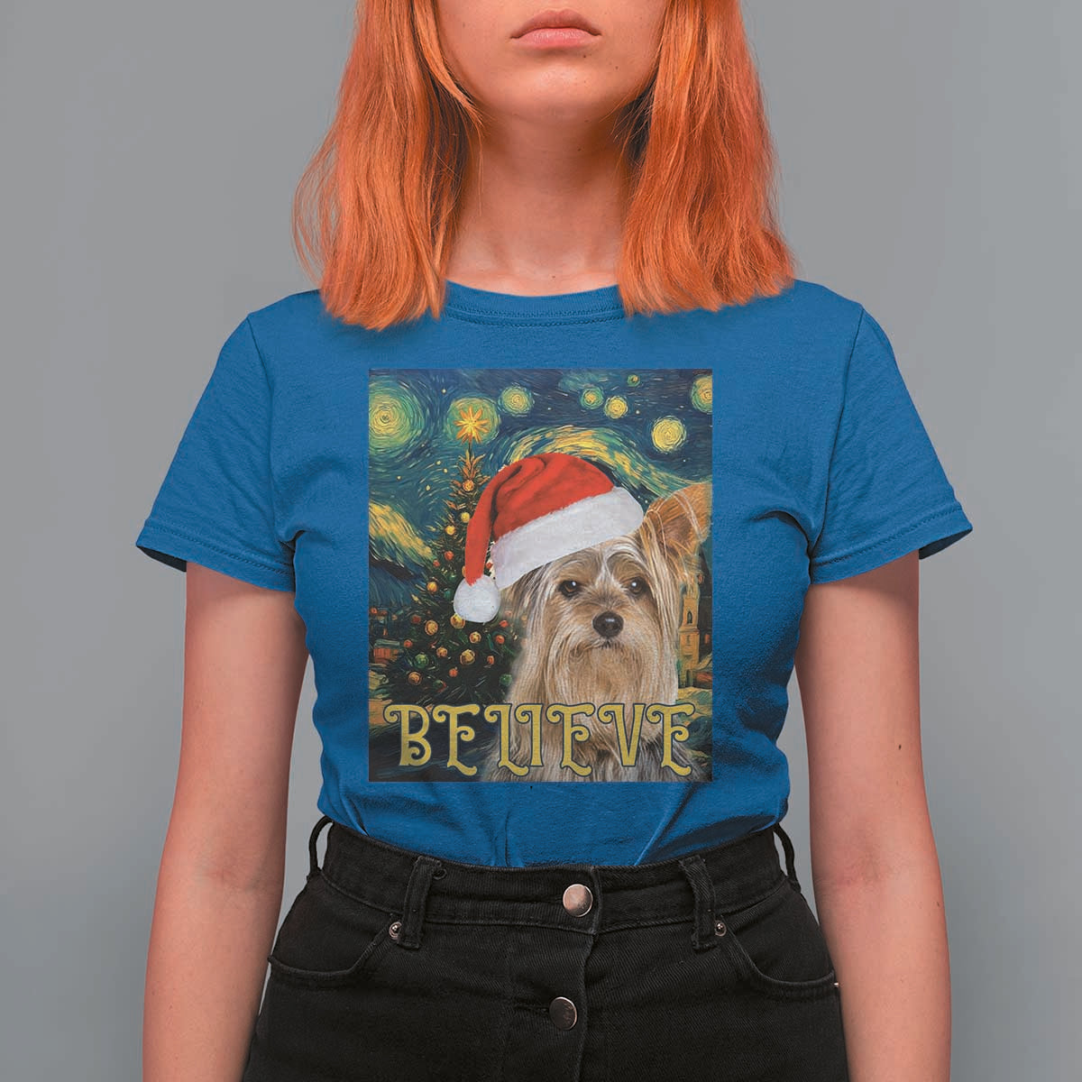 Funny Xmas Yorkshire T Shirt For Women Believe Christmas Starry Night Dog Lover - Wonder Print Shop