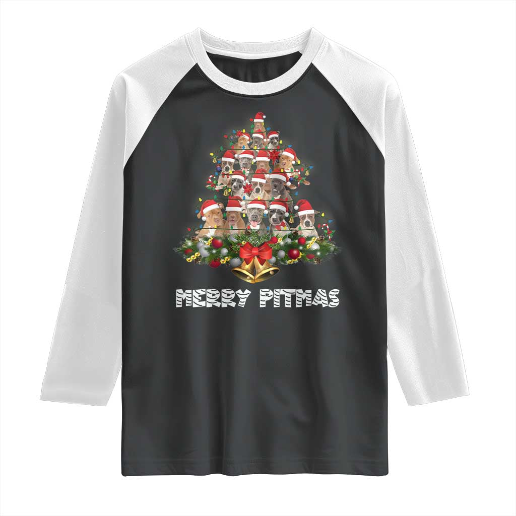 Funny Xmas Pitbull Raglan Shirt Merry Pitmas Christmas Tree Dog Lover