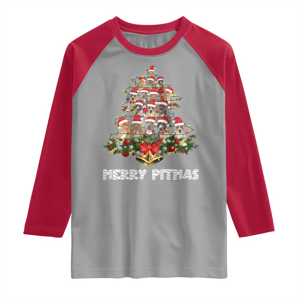 Funny Xmas Pitbull Raglan Shirt Merry Pitmas Christmas Tree Dog Lover