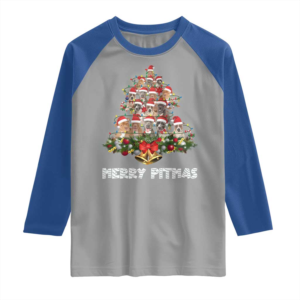 Funny Xmas Pitbull Raglan Shirt Merry Pitmas Christmas Tree Dog Lover