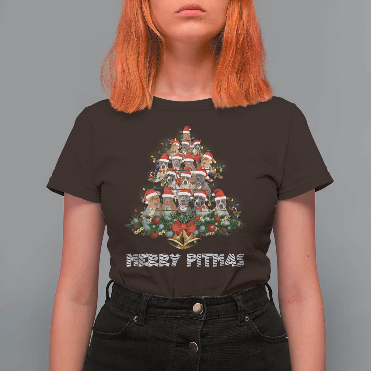 Funny Xmas Pitbull T Shirt For Women Merry Pitmas Christmas Tree Dog Lover - Wonder Print Shop