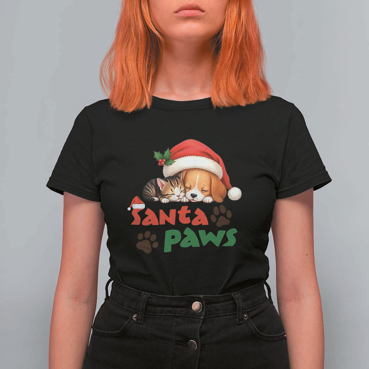 Funny Christmas Santa Paws Dogs And Cats T Shirt For Women - Wonder Print Shop