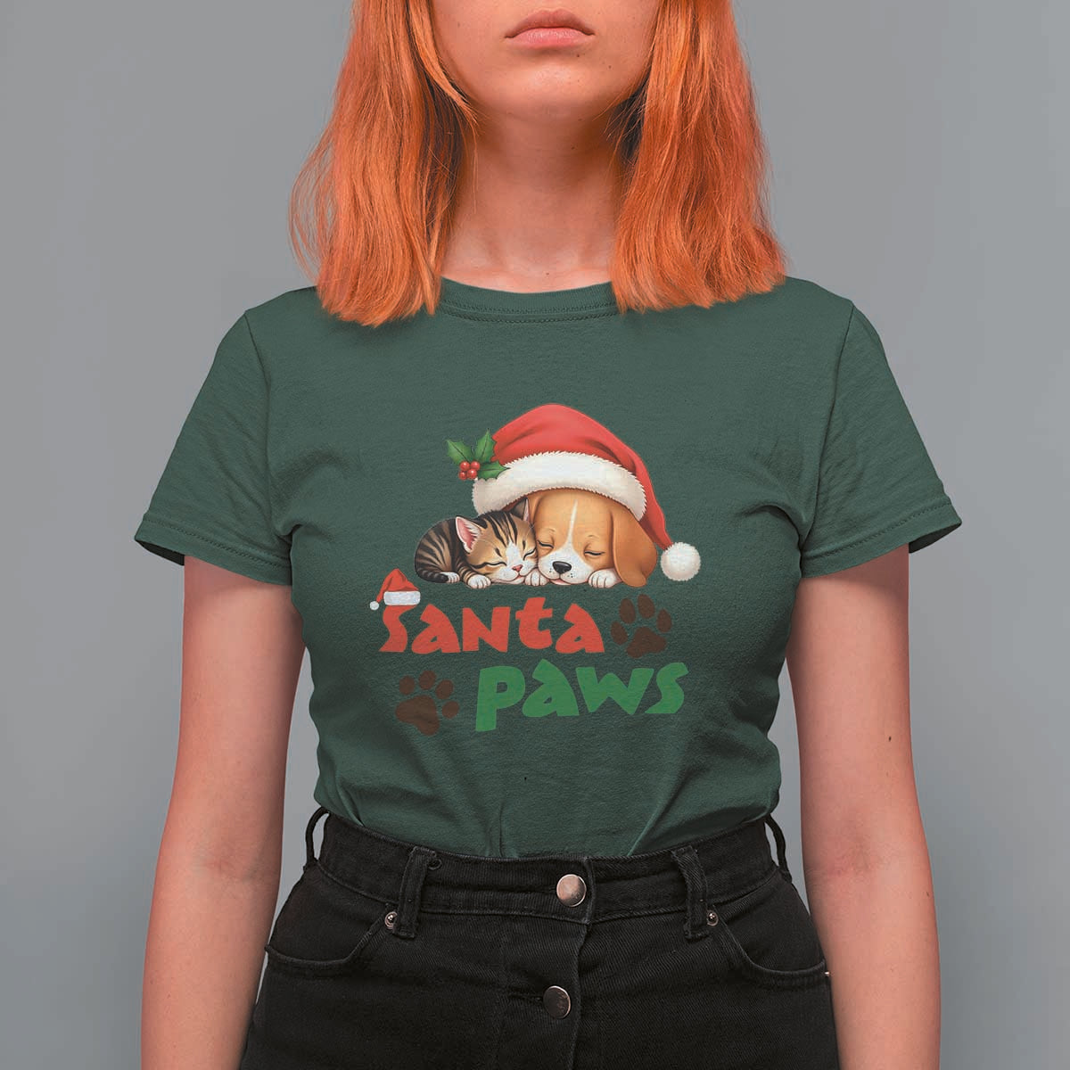 Funny Christmas Santa Paws Dogs And Cats T Shirt For Women - Wonder Print Shop