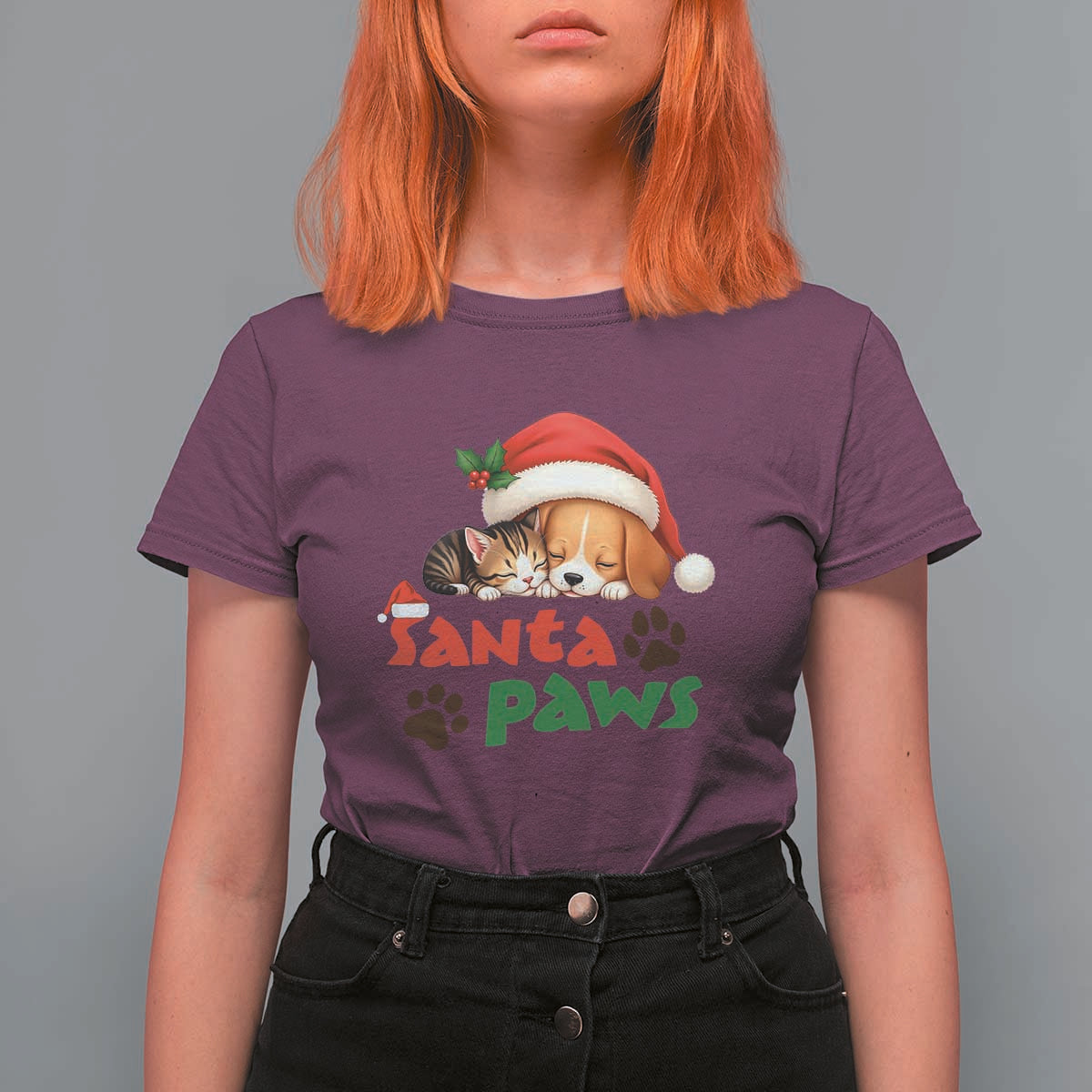Funny Christmas Santa Paws Dogs And Cats T Shirt For Women - Wonder Print Shop