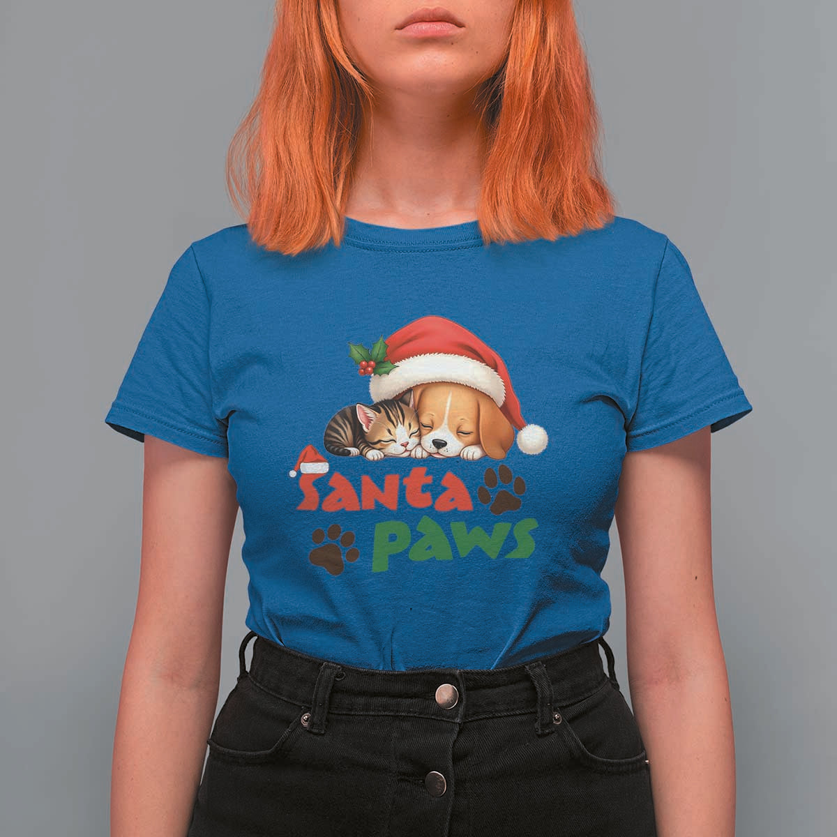 Funny Christmas Santa Paws Dogs And Cats T Shirt For Women - Wonder Print Shop