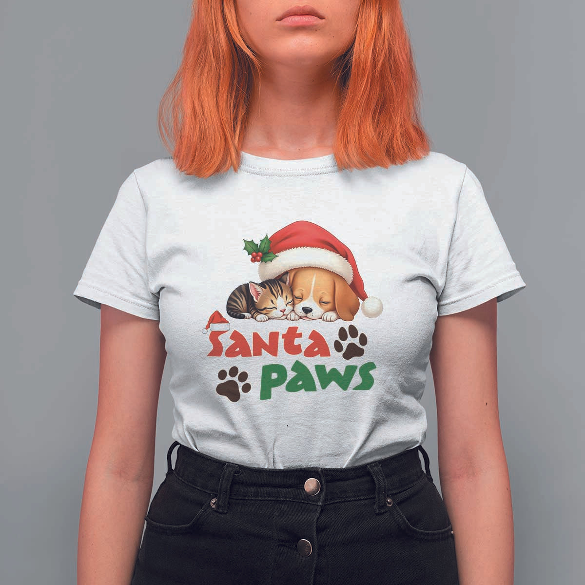 Funny Christmas Santa Paws Dogs And Cats T Shirt For Women - Wonder Print Shop