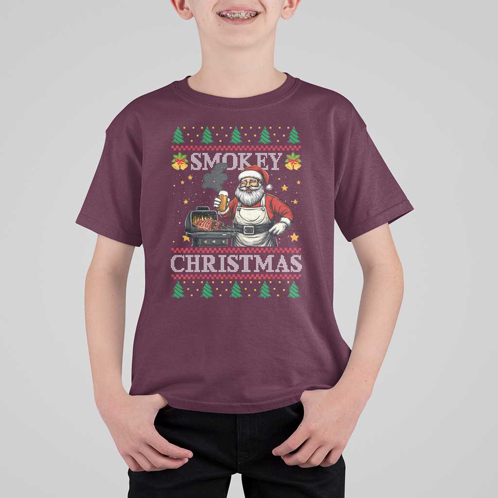 Funny Xmas Grilling T Shirt For Kid Smokey Christmas BBQ Santa Grill Roast On Smoker - Wonder Print Shop