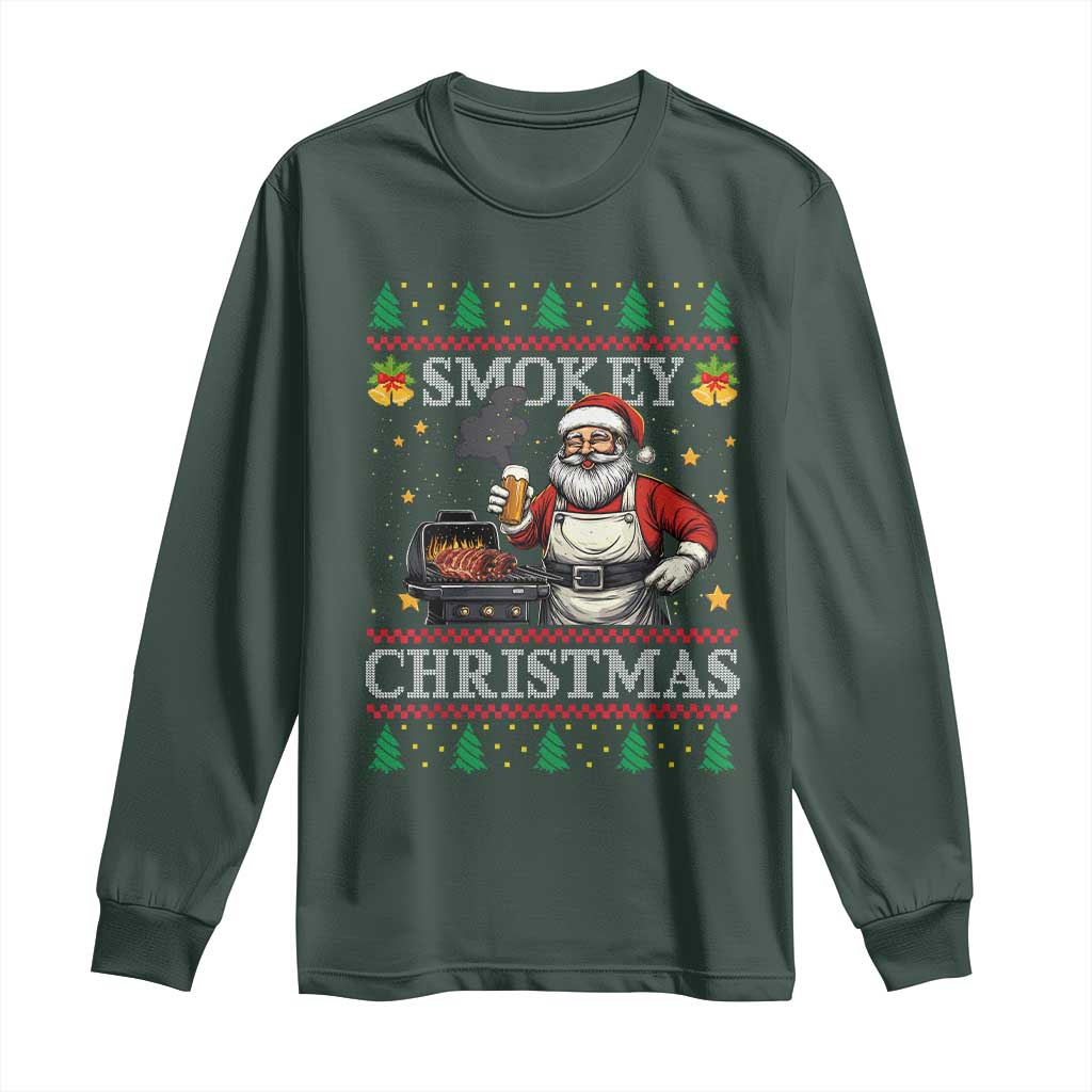 Funny Xmas Grilling Long Sleeve Shirt Smokey Christmas BBQ Santa Grill Roast On Smoker