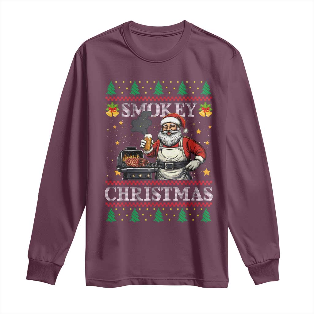 Funny Xmas Grilling Long Sleeve Shirt Smokey Christmas BBQ Santa Grill Roast On Smoker