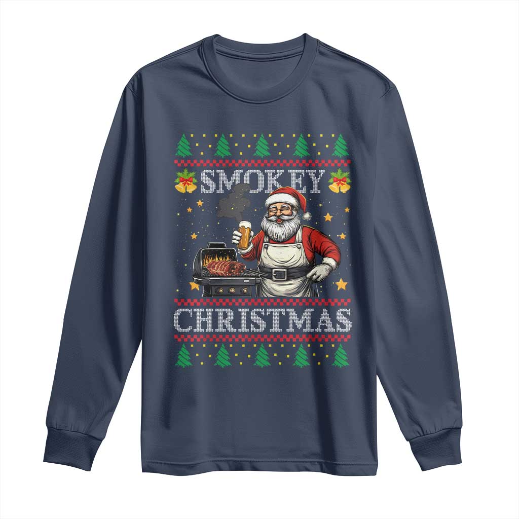 Funny Xmas Grilling Long Sleeve Shirt Smokey Christmas BBQ Santa Grill Roast On Smoker