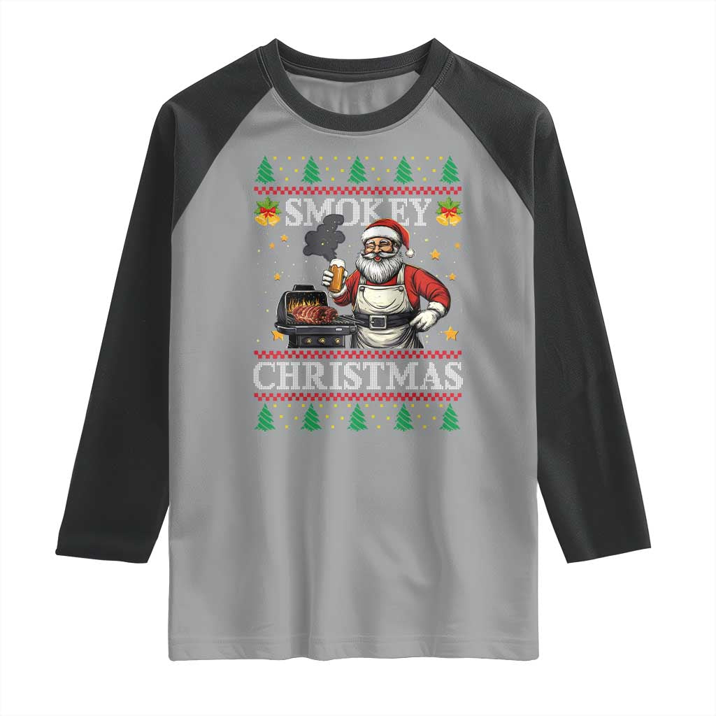Funny Xmas Grilling Raglan Shirt Smokey Christmas BBQ Santa Grill Roast On Smoker