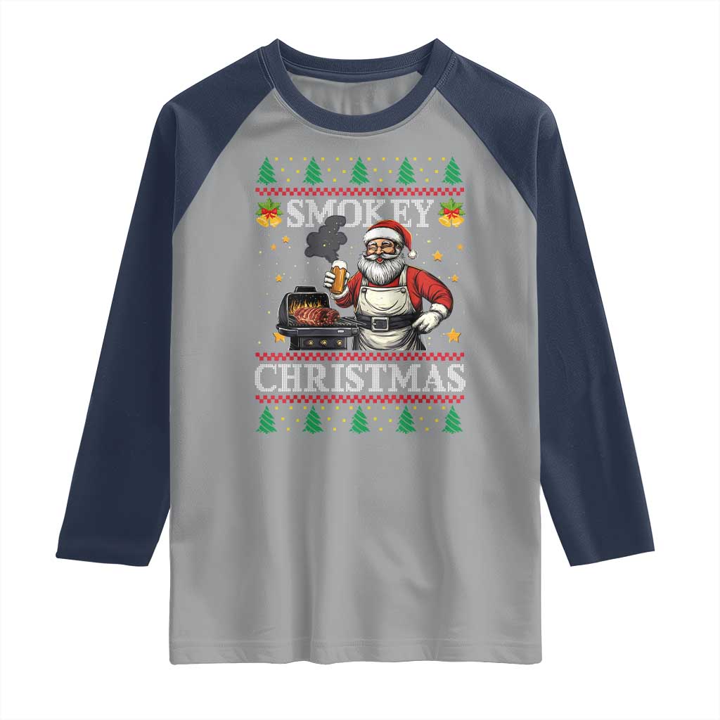 Funny Xmas Grilling Raglan Shirt Smokey Christmas BBQ Santa Grill Roast On Smoker
