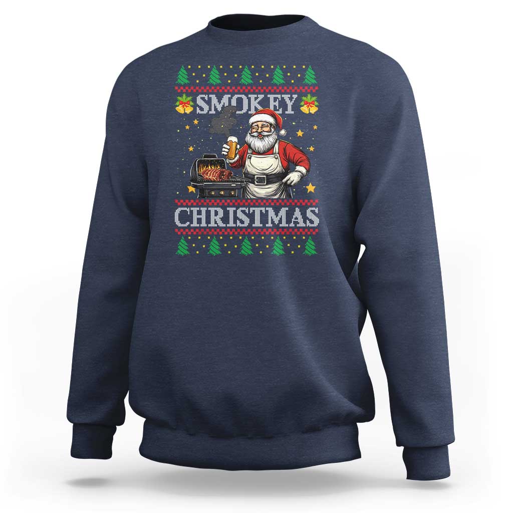 Funny Xmas Grilling Sweatshirt Smokey Christmas BBQ Santa Grill Roast On Smoker - Wonder Print Shop