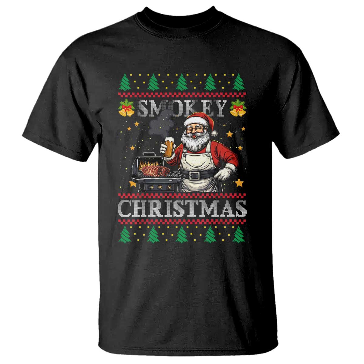 Funny Xmas Grilling T Shirt Smokey Christmas BBQ Santa Grill Roast On Smoker - Wonder Print Shop