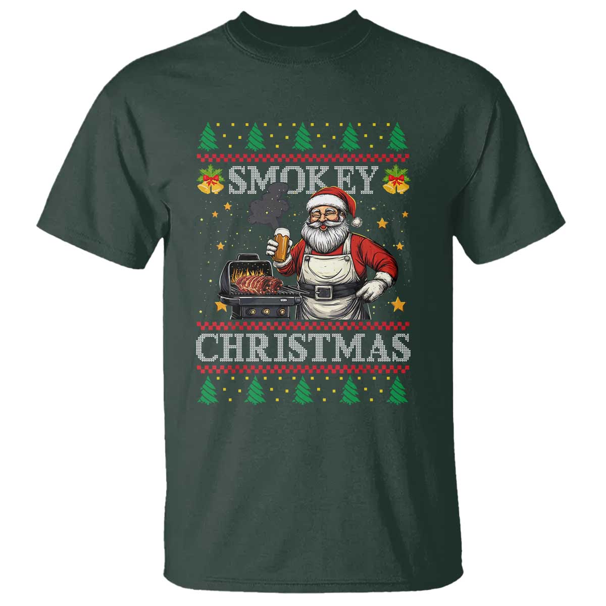 Funny Xmas Grilling T Shirt Smokey Christmas BBQ Santa Grill Roast On Smoker - Wonder Print Shop