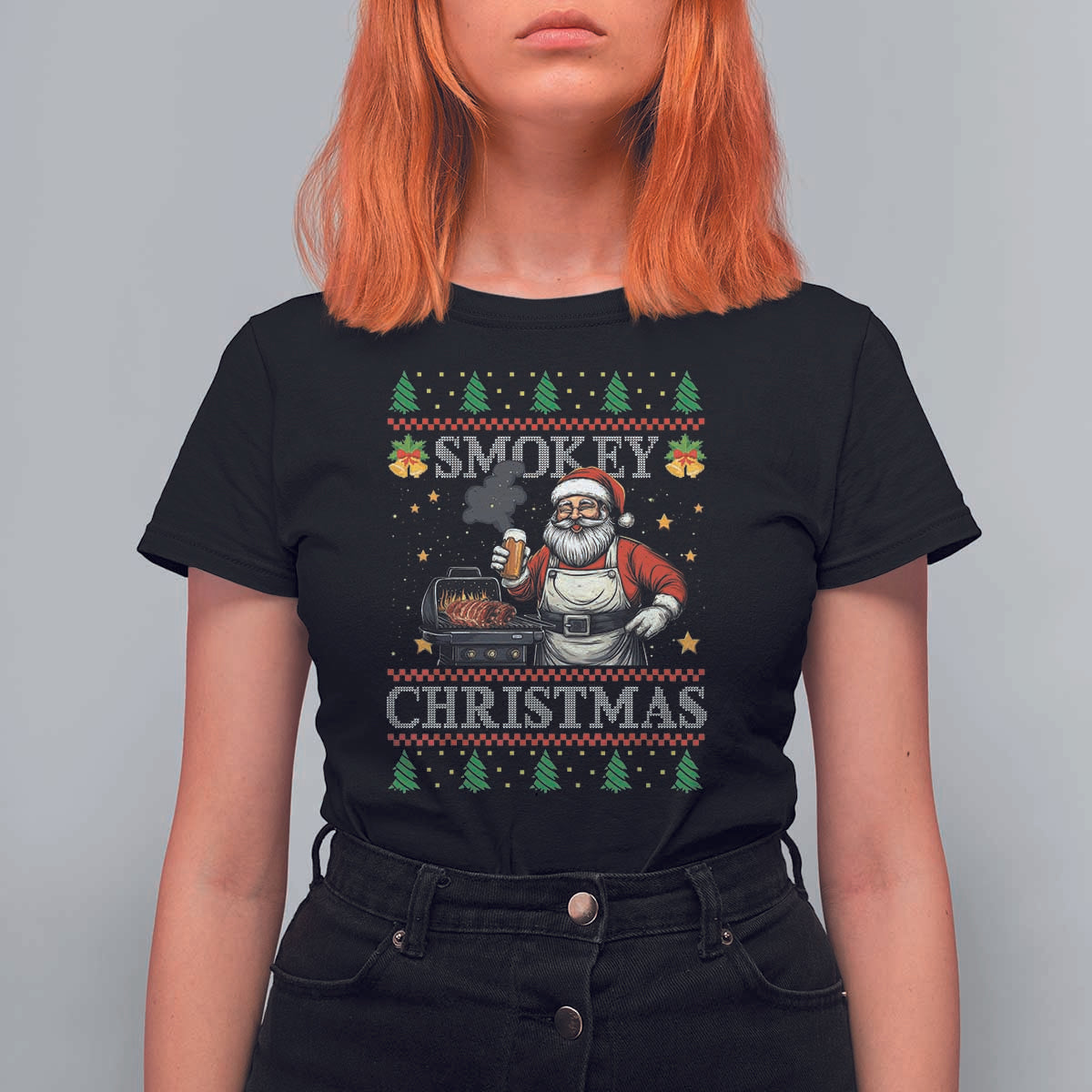 Funny Xmas Grilling T Shirt For Women Smokey Christmas BBQ Santa Grill Roast On Smoker - Wonder Print Shop