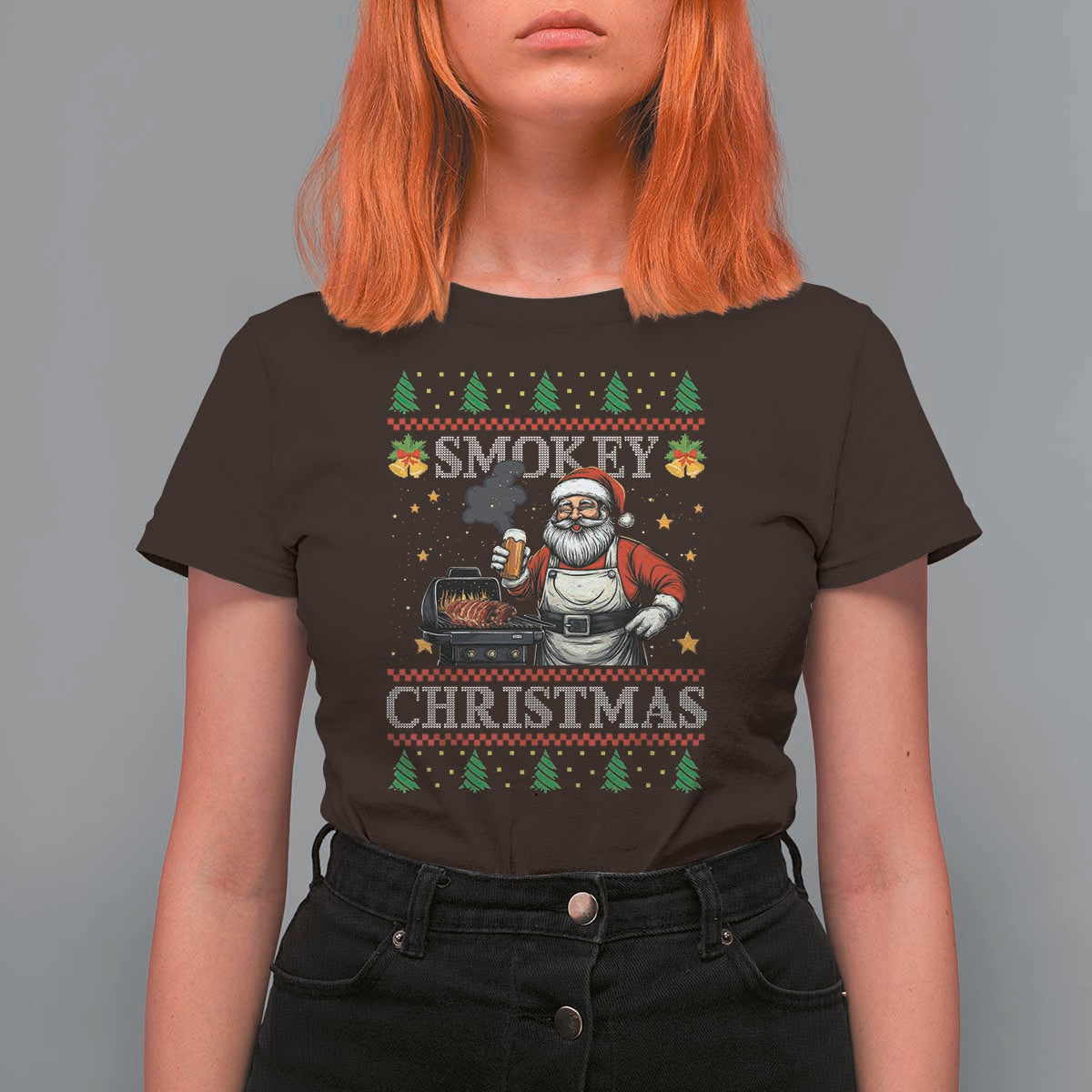 Funny Xmas Grilling T Shirt For Women Smokey Christmas BBQ Santa Grill Roast On Smoker - Wonder Print Shop