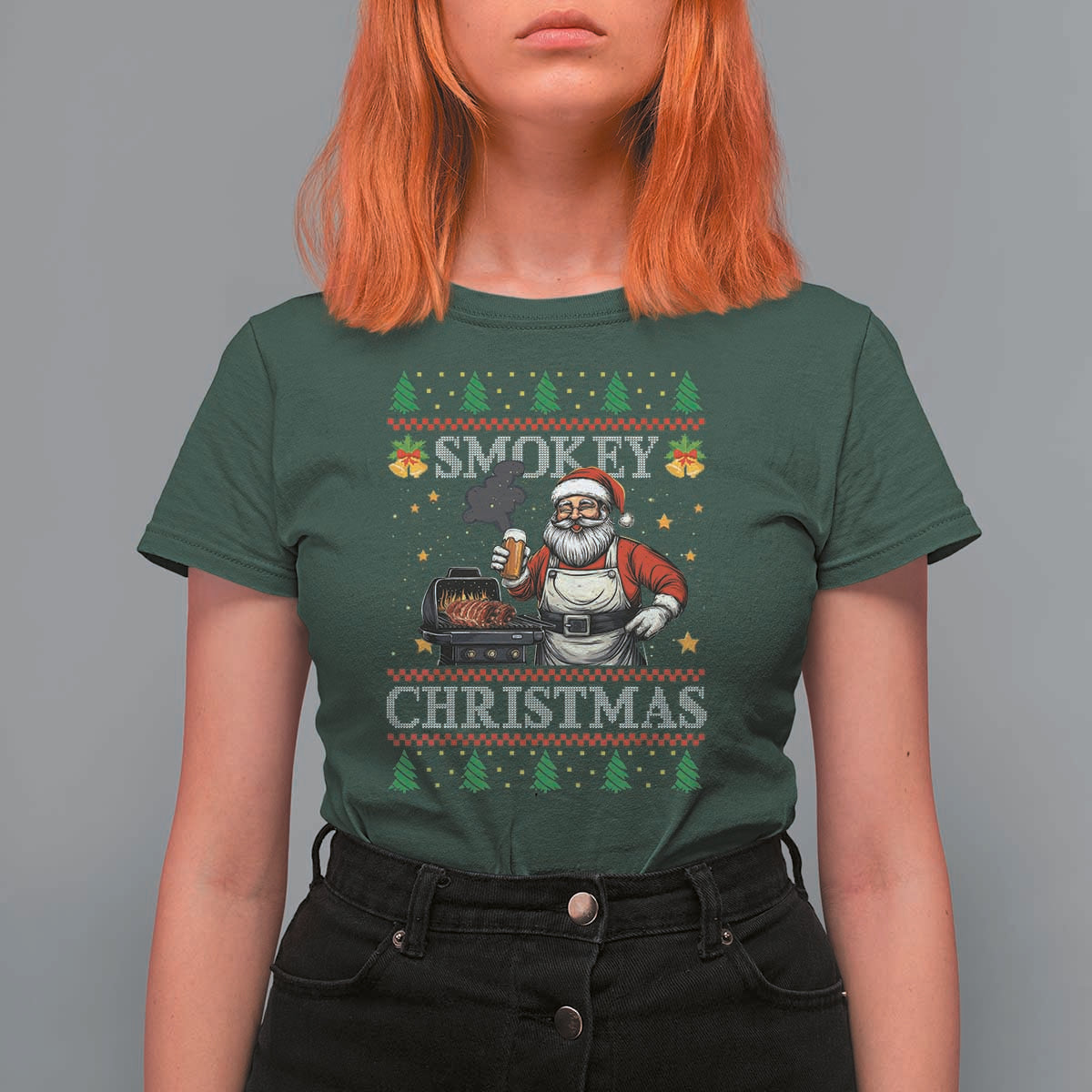 Funny Xmas Grilling T Shirt For Women Smokey Christmas BBQ Santa Grill Roast On Smoker - Wonder Print Shop