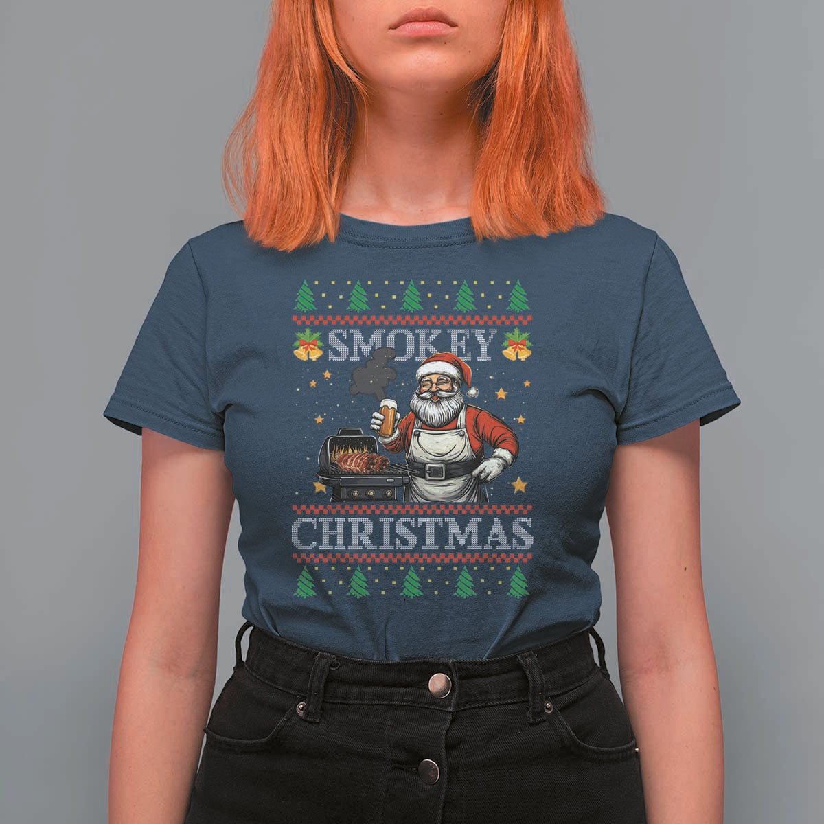 Funny Xmas Grilling T Shirt For Women Smokey Christmas BBQ Santa Grill Roast On Smoker - Wonder Print Shop
