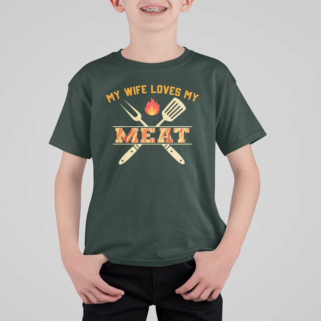 Funny BBQ Grilling Pitmaster T Shirt For Kid My Wife Loves My Meat