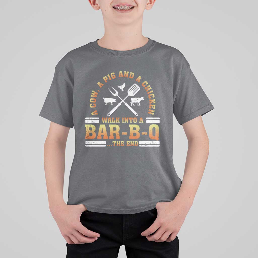 Funny BBQ Lover T Shirt For Kid A Cow A Pig And A Chicken Walk Into A Bar B Q Barbecue Pitmaster