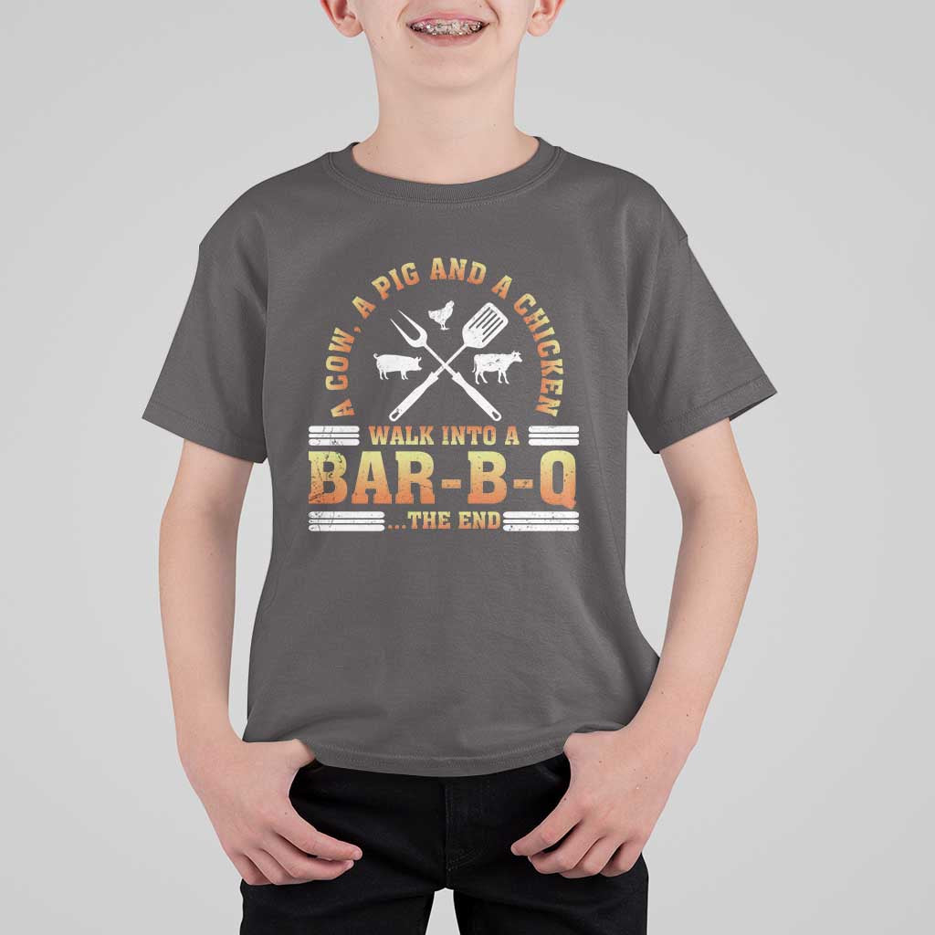 Funny BBQ Lover T Shirt For Kid A Cow A Pig And A Chicken Walk Into A Bar B Q Barbecue Pitmaster